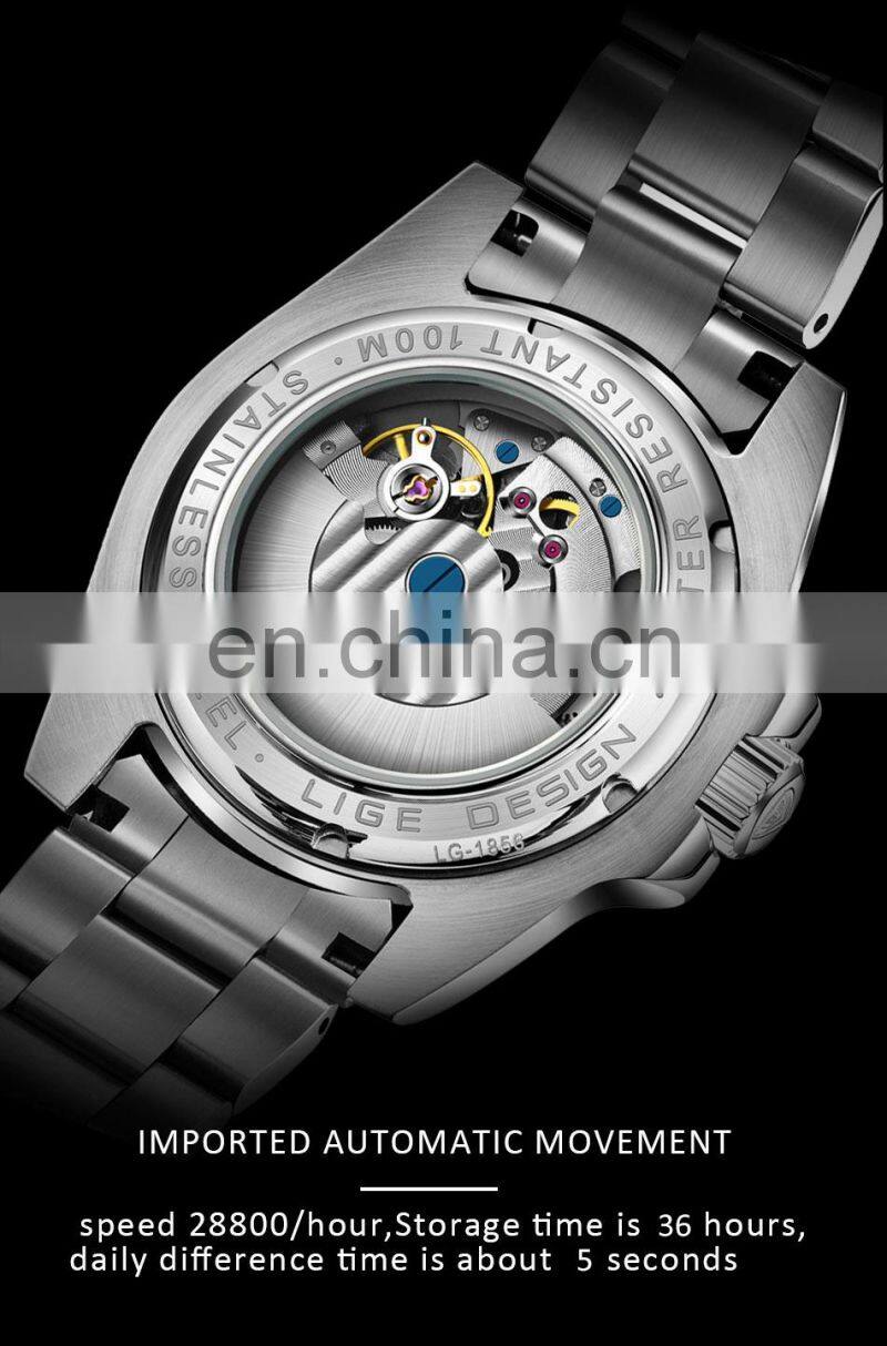 LIGE 6801 Luxury Automatic Watches Men Stainless Steel Waterproof Dive Watches Business Mechanical Watch