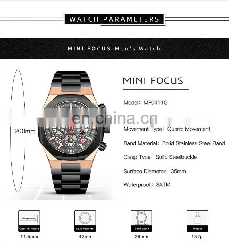 MINI FOCUS 0411G Mens Quartz Watches Stainless Steel Waterproof fashion luxury watches custom logo