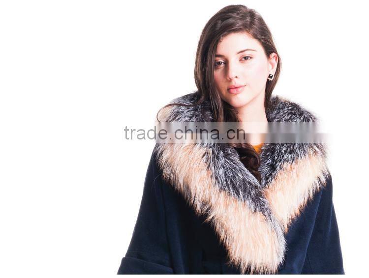 Autumn and winter length seven points women coat with silver fox Fur collar cashmere overcoat