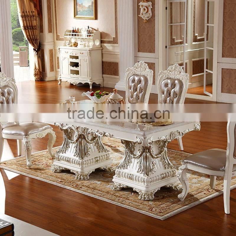 Luxury Classical Royal Baroque French Style Traditional Carved Wooden Antique Gold Silver Stroke Dark Brown Dining Room Set