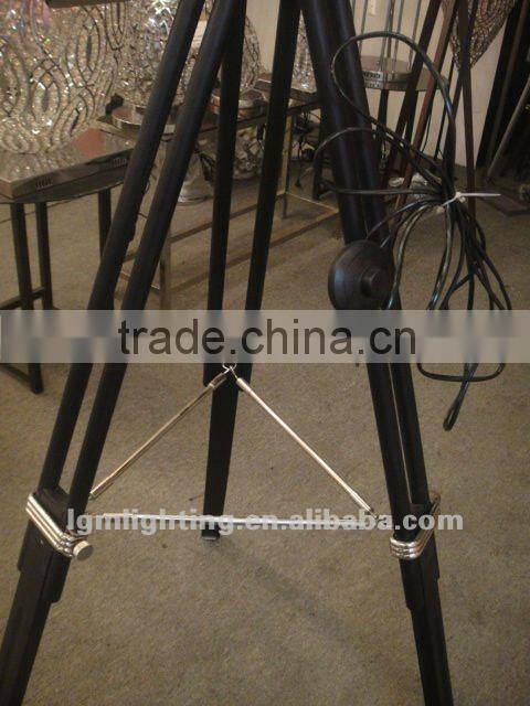 Black marine floor lamp with stainless steel shade and beech wood base