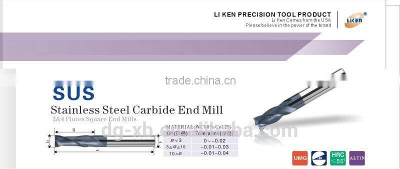 End milling cutter, SUS end router milling cutter, Stainless Steels 4 flutes flat end milling cutter