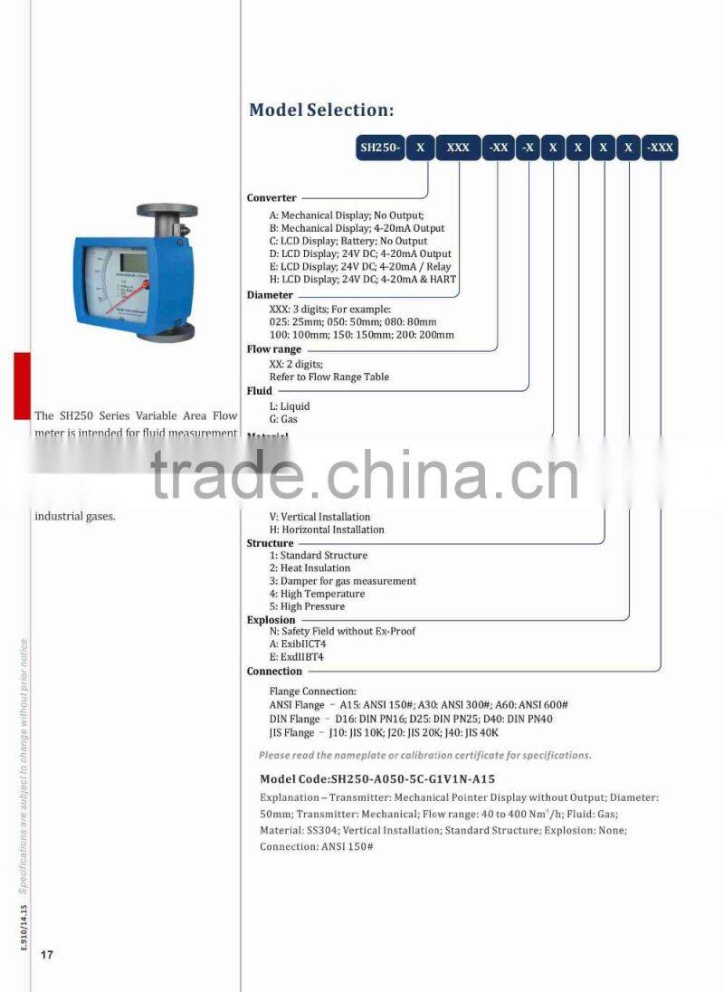 variable area flow meter high pressure flange China