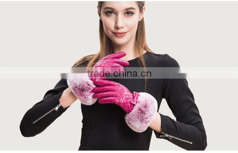 Rex Rabbit Fur Wrist Trim Genuine Sheep Leather Gloves Dimond Lattice Design