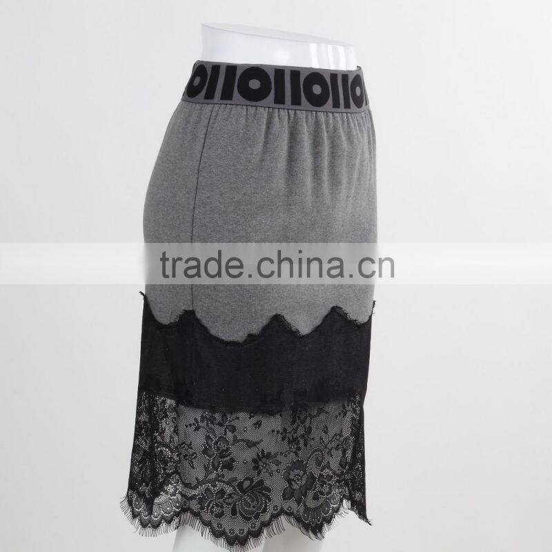 F5S43020 New Design Eyelash Lace Hem Skirt Women Fashion Fleece Midi Skirt