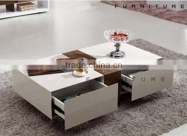 White high gloss and walnut veneer coffee table with two drawers