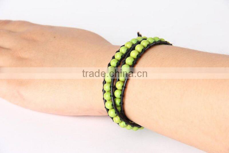 6mm natural green turquoise stone bracelet, genuine stone bracelet, handmade woven leather bracelet