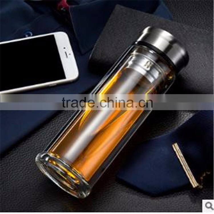 Spill-proof Strong Double Wall Glass Tea Tumbler /water bottle (Travel Mug) with Strainer And flat top lid 320ML