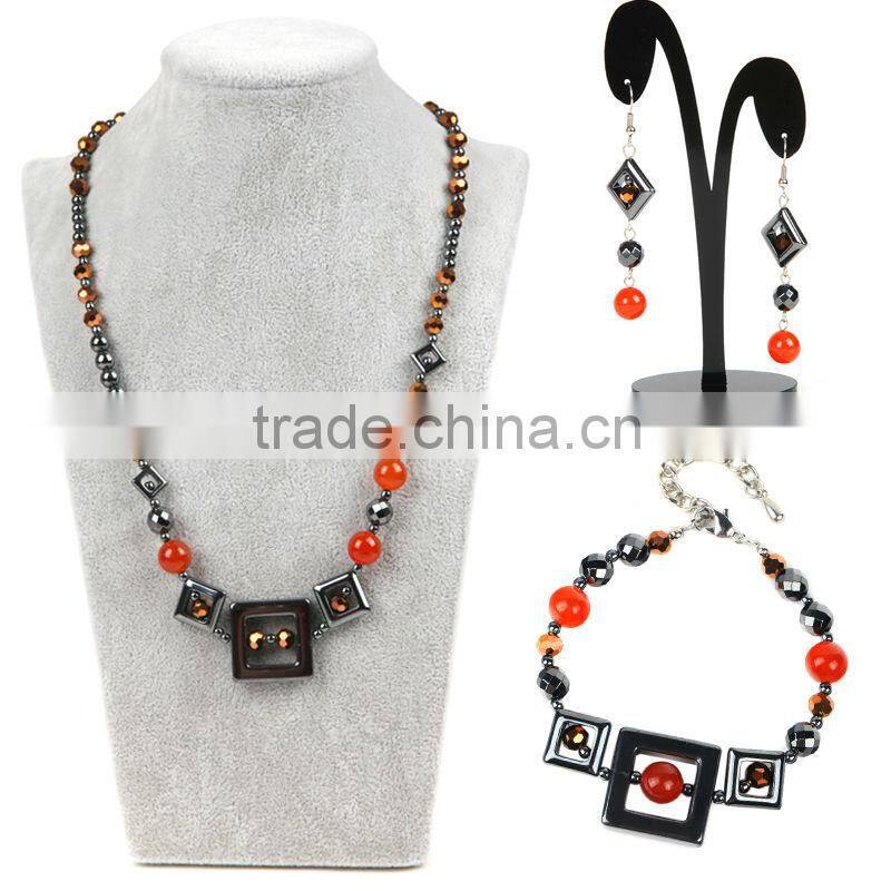 Stainless Steel Lobster Clasp Orange Beaded Necklace Earring Sets