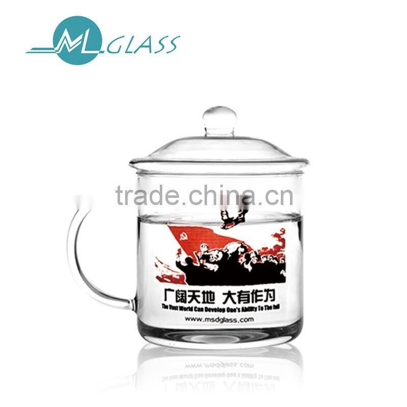 Chinese borosilicate drinking glass tea cup with lid and handle