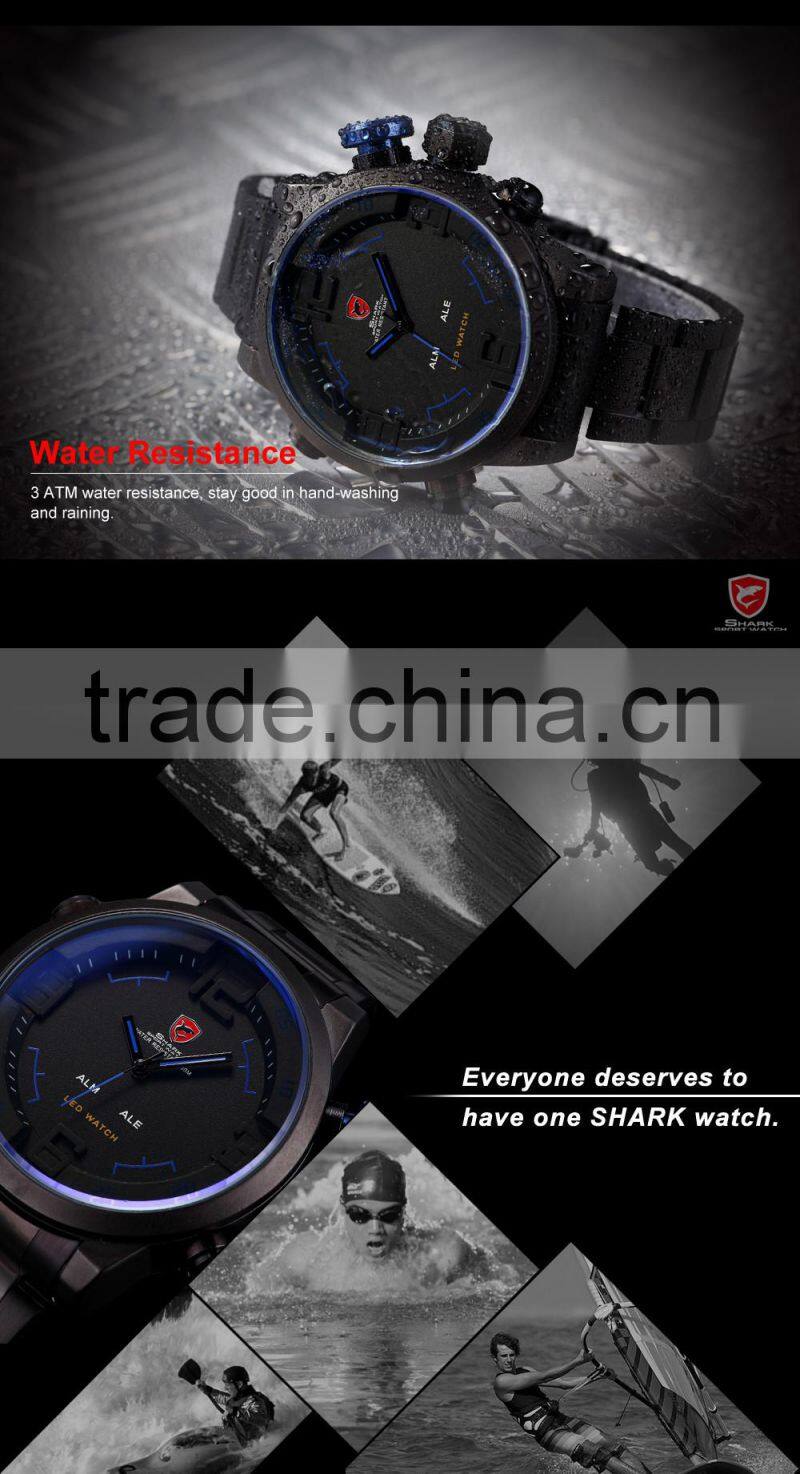 SHARK Stainless Steel Japan Movement Analog Date Alarm Quartz Wrist Mens Sport Digital Watch