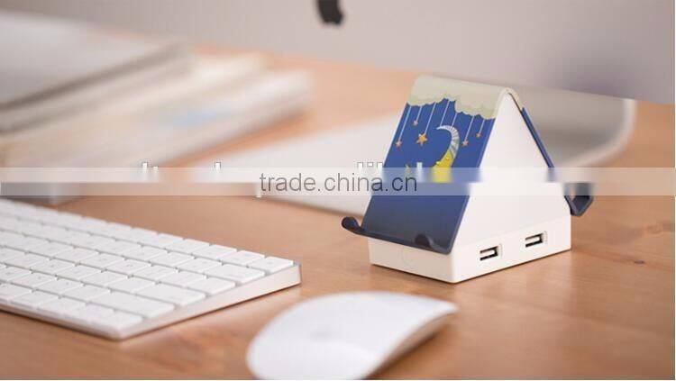 Multi-functional Tiny House Design 4 Port USB Hub, Touch Sensor LED Night Light, Creative USB Hub With Smartphone Holder