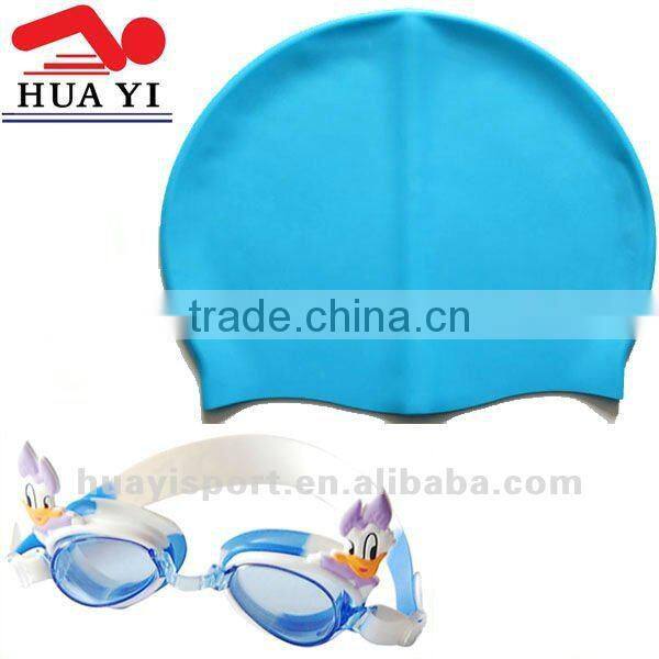 Swim sport kid 100% waterproof silicone swim cap funny cartoon shaped swim goggles