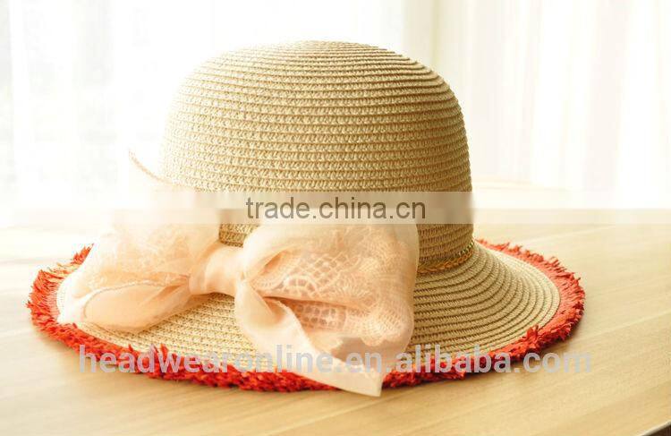 Summer Fashion Lace Bowknot Sun Protection Straw Hats China Factory