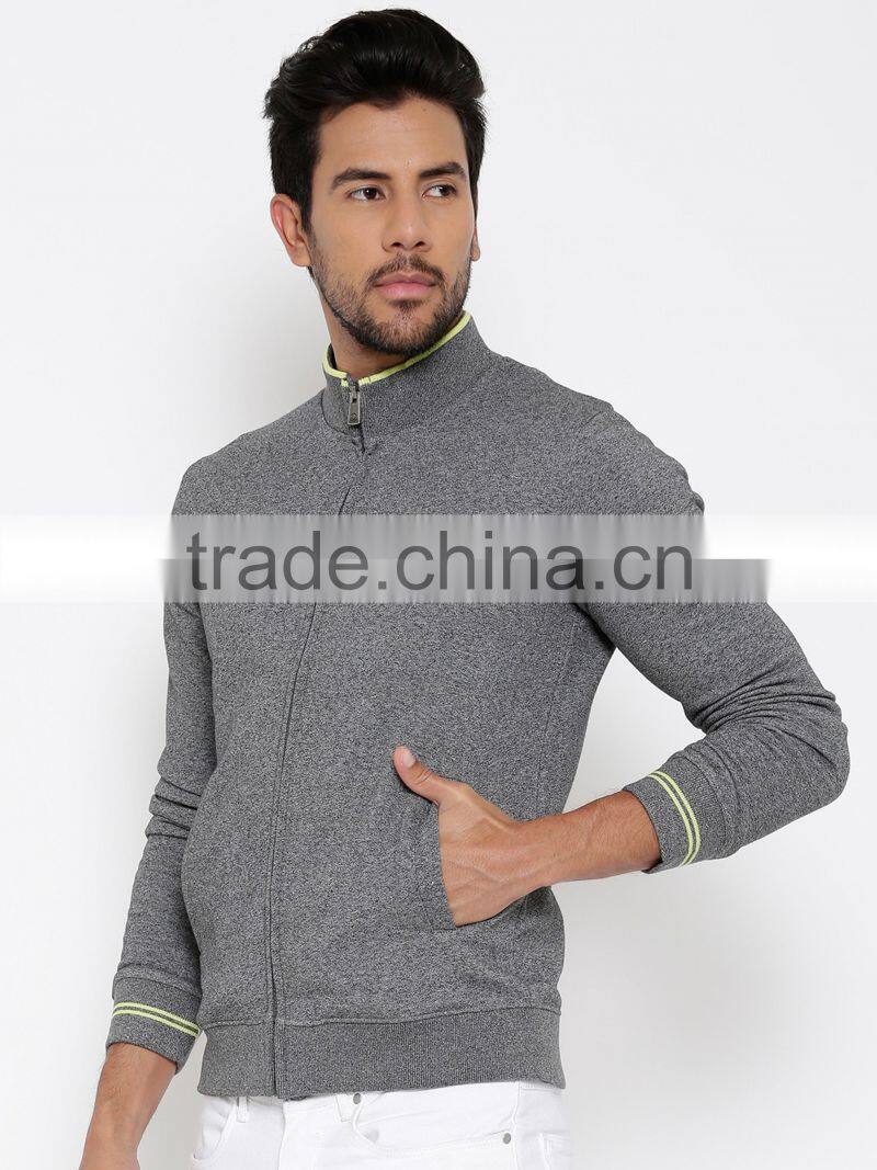 Grey Sweatshirt With Grindle Effect For Man Mock Collar Full Concealed Zip Closure Sweater Brushed Fleece Lining