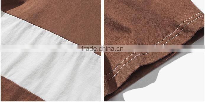 Summer Japanese men round collar stripe leisure T-shirt color stitching loose cotton with short sleeves