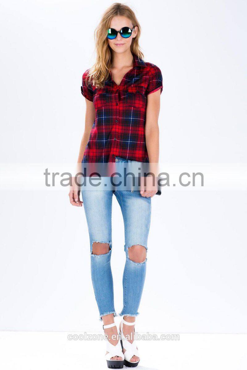 Adorable dolled up short sleeve plaid shirts latest shirt designs for women