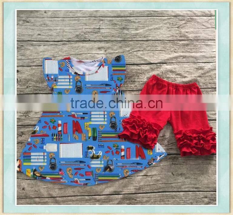 girls fashion clothing wholesale back to school cute fiutter sleeves duck print shirt match red ruffle shorts