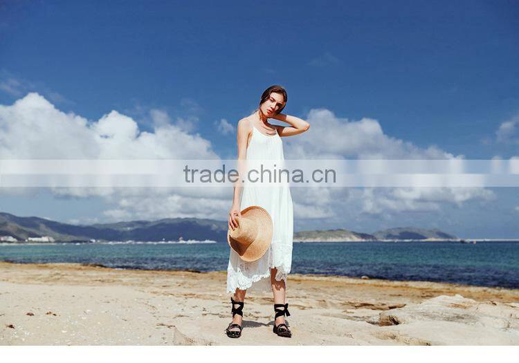 2017 new design high grade white lace stitching beach dress low-neck loose and comfortable sling elegant summer dress for women