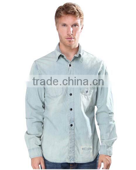 100% cotton long sleeve denim shirts with two pockets for men