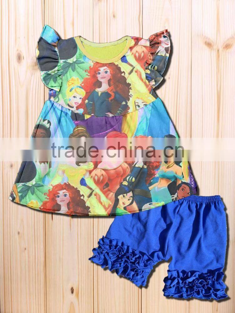 New design baby girl yellow top dress yellow ruffle floral print pants boutique clothing set