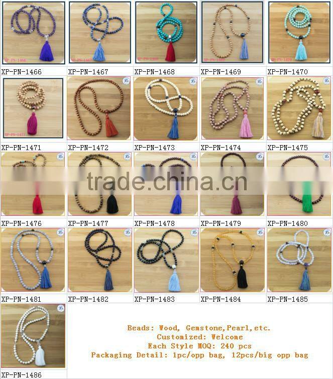 XP-PN-1475 Yiwu wholesale wood mala beads necklace wooden beads tassel necklace