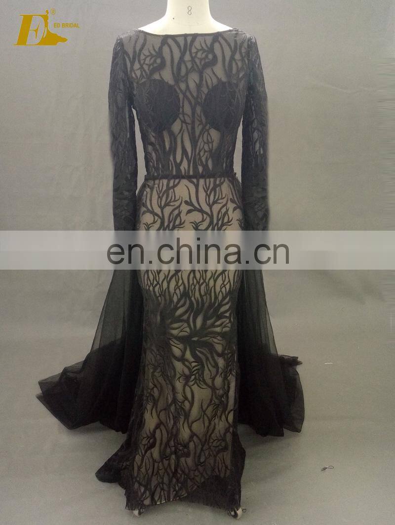 Sexy See Through Black Lace Mermaid Evening Dress With Detachable Train