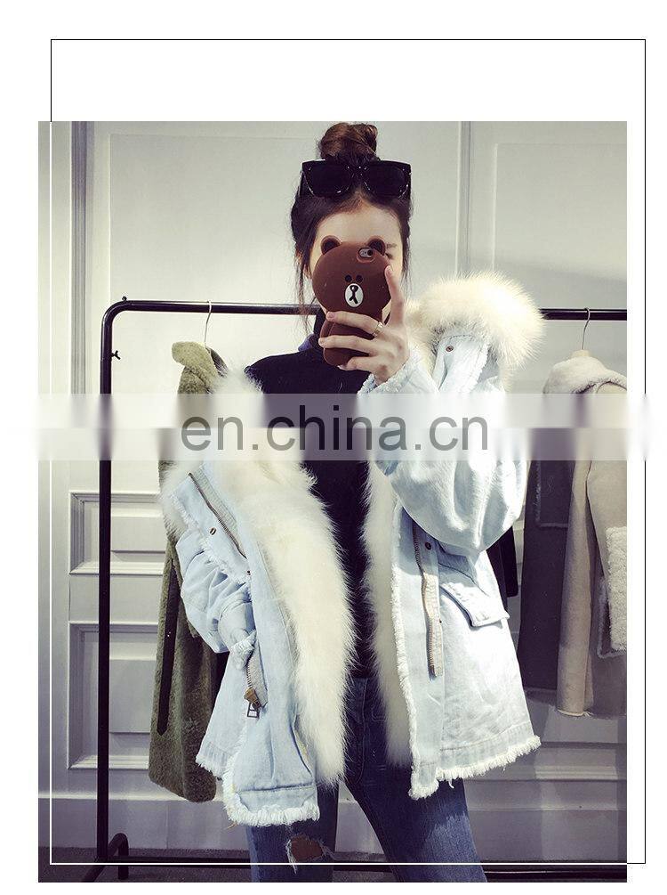 Custom High Fashion Lady Autumn and Winter Cheap Genuine Raccoon Fur Lining Women Jean Coat