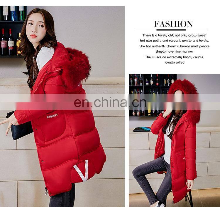 2017 new Korean version of Slim big code solid color hooded large hair collar long feather cotton women