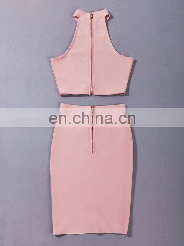 Amigo 2017 two pieces black bandage dress suit sexy evening dresses with halter crop top and midi irregular skirt for women