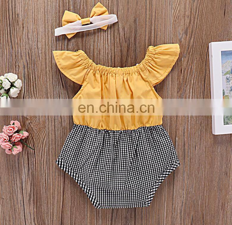 Hot Sale Wholesale Baby Clothes Yellow Plaid Lace Ruffle Baby Romper