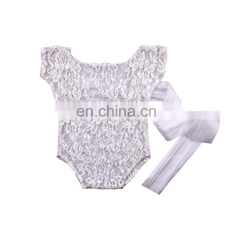 7 colors newborn baby photography prop lace baby romper with bow streamer
