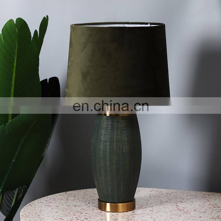 Unique relief surface design green cylinder shape hotel ceramic night lamp for living room