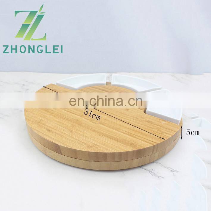 Bamboo Cheese Cutting Board Set - Charcuterie Board Set and Cheese Serving Platter with Ceramic dish