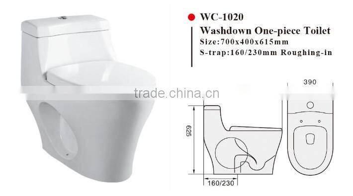 WC-1020 One-Piece S-Trap Toilet with Geberit or R&T Flush Valve & Soft Closer Seat Cover Ramp Down, Water Closet Toilet Bowl