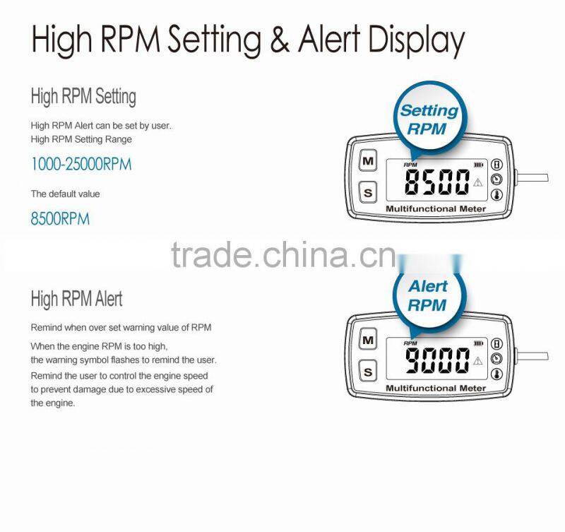 Digital LCD tach hour meter thermometer temp meter for gas engine motorcycle marine jet boat buggy tractor pit bike paramotor