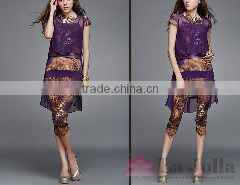 2016 Summer Fashion Ladies Leopard False two-piece Sexy short sleeves T-shirt 138