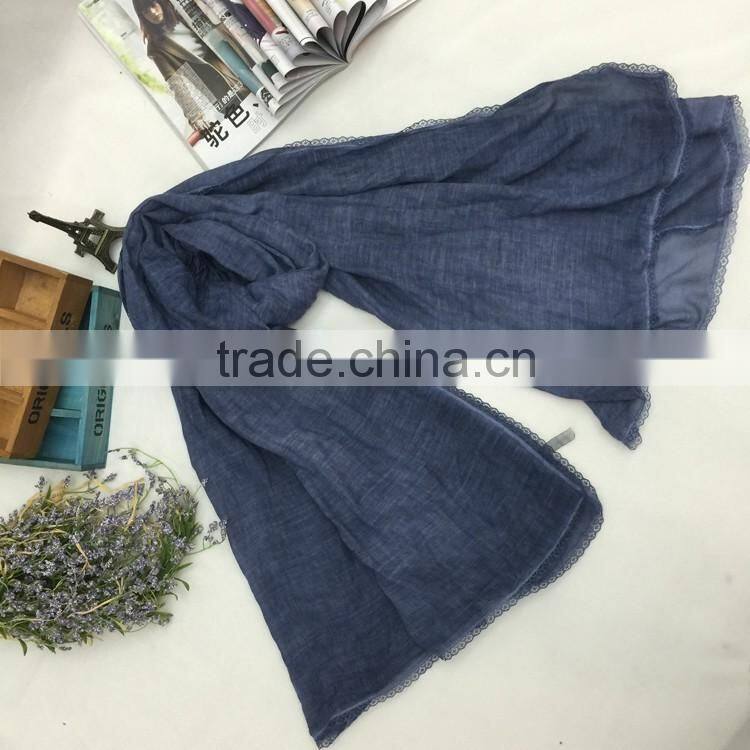 Wholesale Long Large Lace Brim Plain Cotton Linen Scarf Fashion Hijab 2016