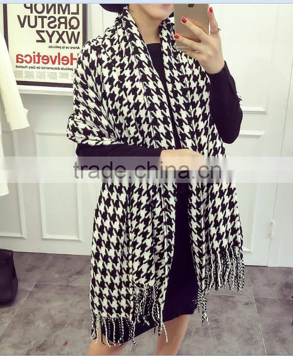 Za Fringed Tassel Houndstooth Jacquard Woven Cashmere Feel Acrylic Scarf