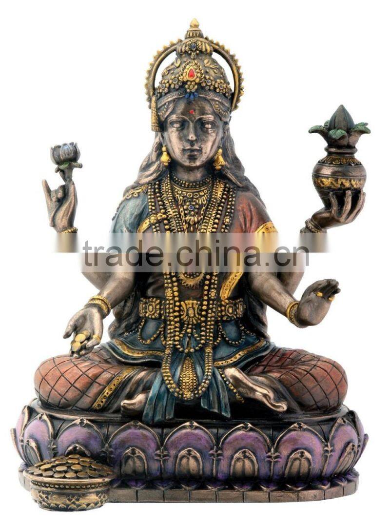 Bronze Hindu Goddess Lakshmi On Lotus Hinduism Display Statue