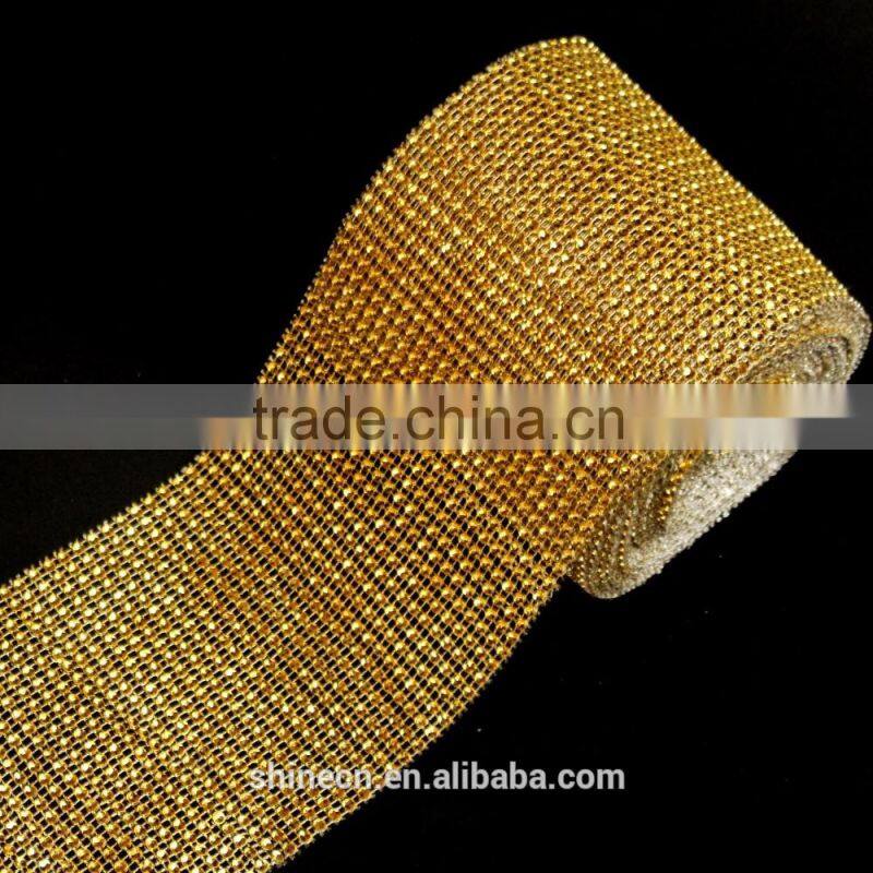 Wholesale 24 raws 3mm acryl gold base hot fix rhinestone mesh/net/sheet, rhinestone mesh trimming