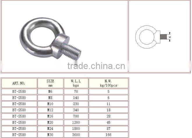 China Rigging Hardware Stainless Steel AISI316/304 Din 580 Eye Screw Hook