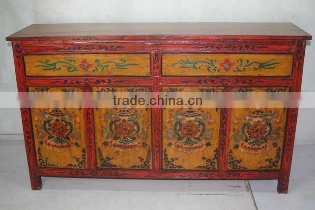 Chinese antique four drawer four door Tibet Cabinet with dragon painting