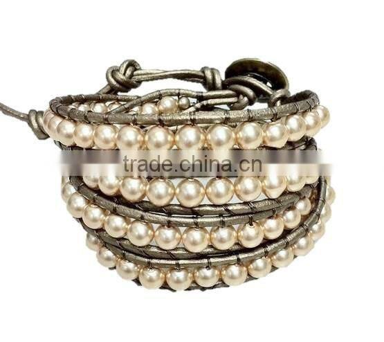 Blue Lapis Wrap Bracelet on Natural brown Leather with Silver tone nugget beads