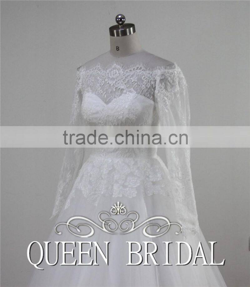 Ball Gown Appliqued Lace Boat Neck Wedding Dress Long Sleeve