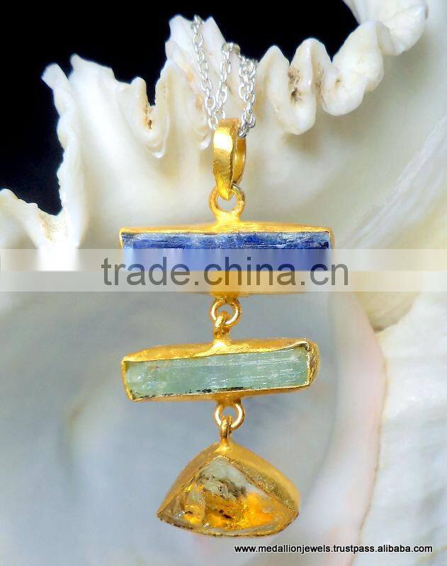 Kyanite Amethyst Citrine & Garnet Rough Gemstone Pendant, 925 Solid Sterling Silver Pendant, Designer Raw Bezel Pendant