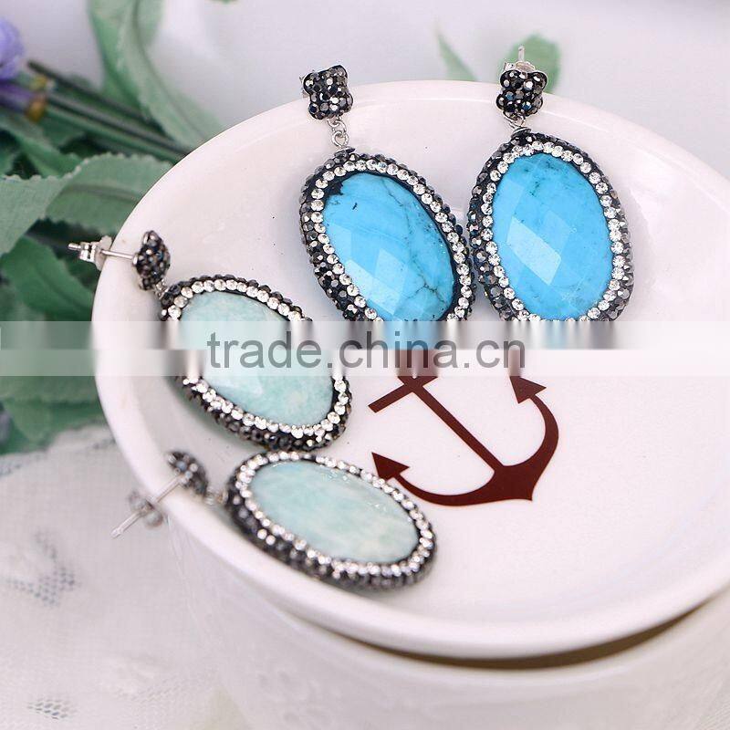 Natural Amethyst Amazon Turquoise Agate Labradorite Stone Druzy Earring, Oval Pave Crystal Zircon Jewelry Stud Earring