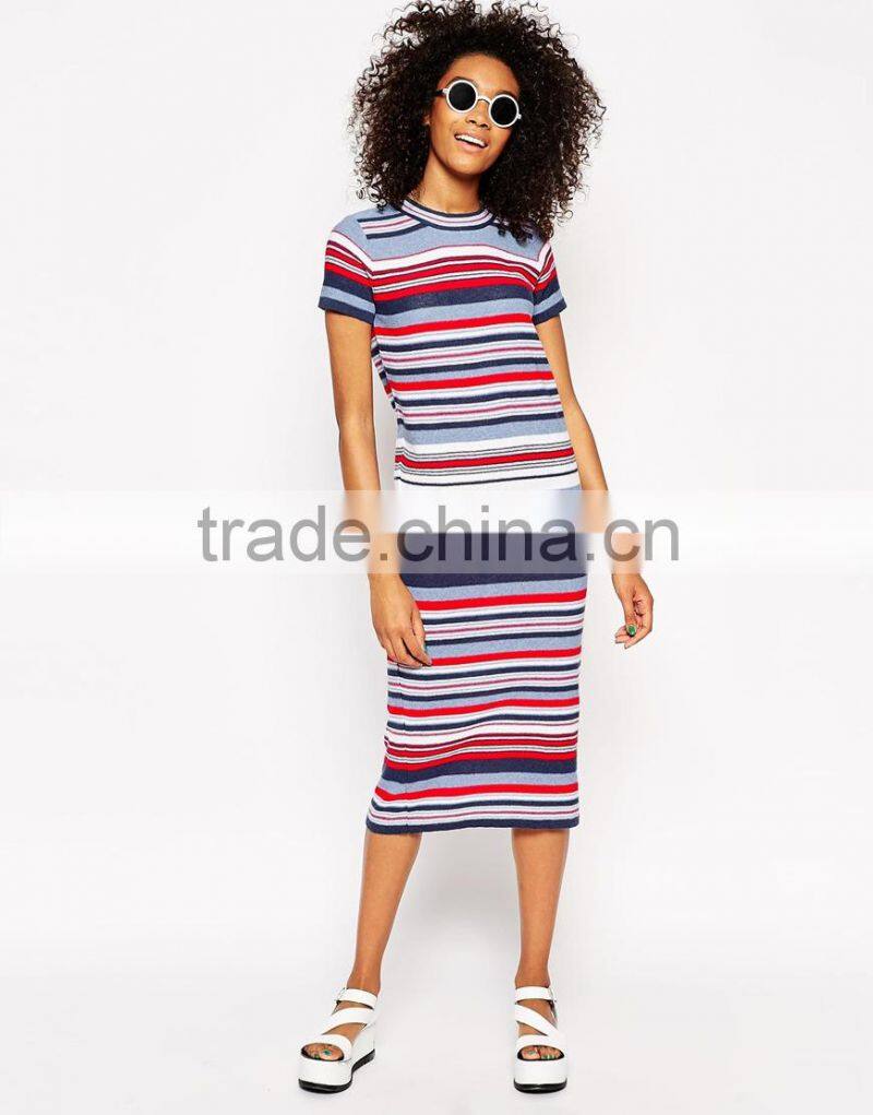 High fashion design hand -made sweater dress short sleeve sweater dress colorfull stripe sweater dress