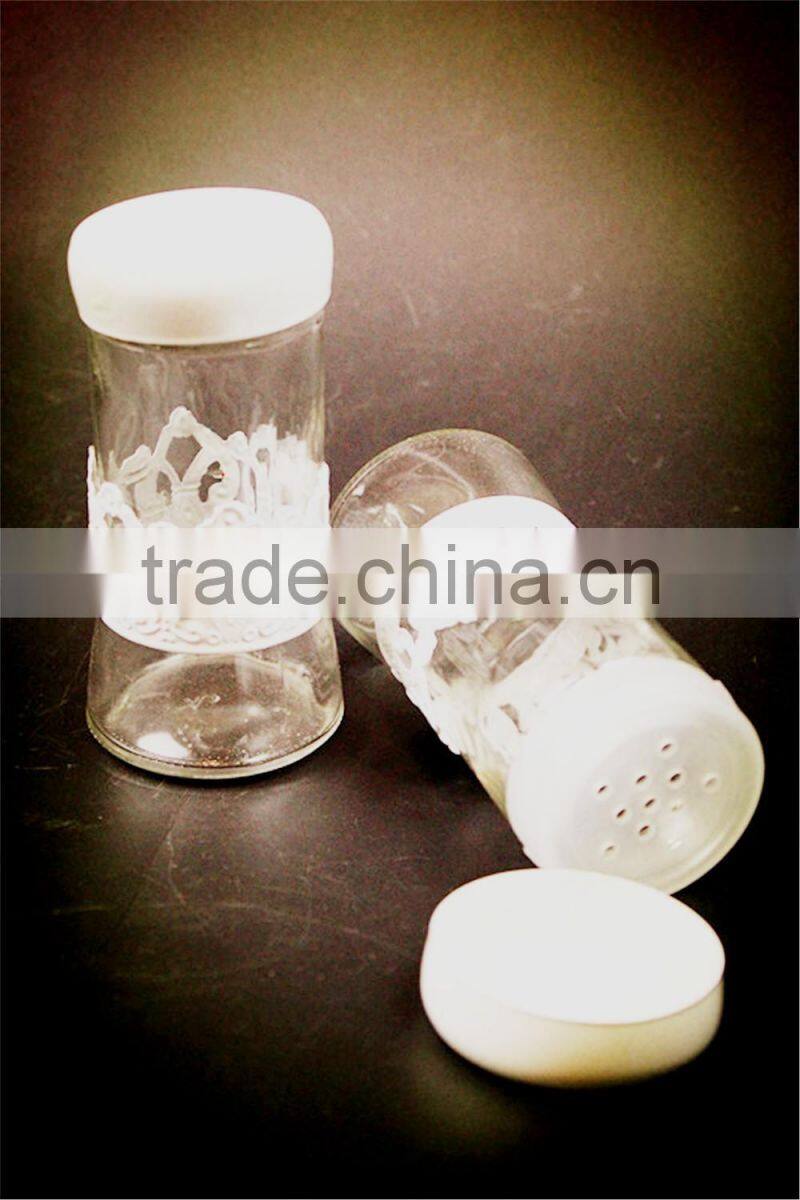 white metal coat glass spice jar set