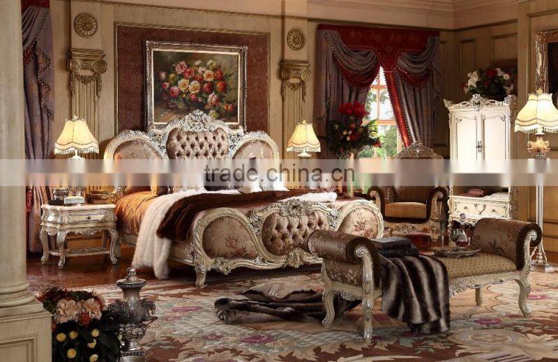 Royal Place Gold Leaf Finished Full Solid Wood Carving Bed, Arabic Golden Style Bedroom Furniture(MOQ=1 SET)